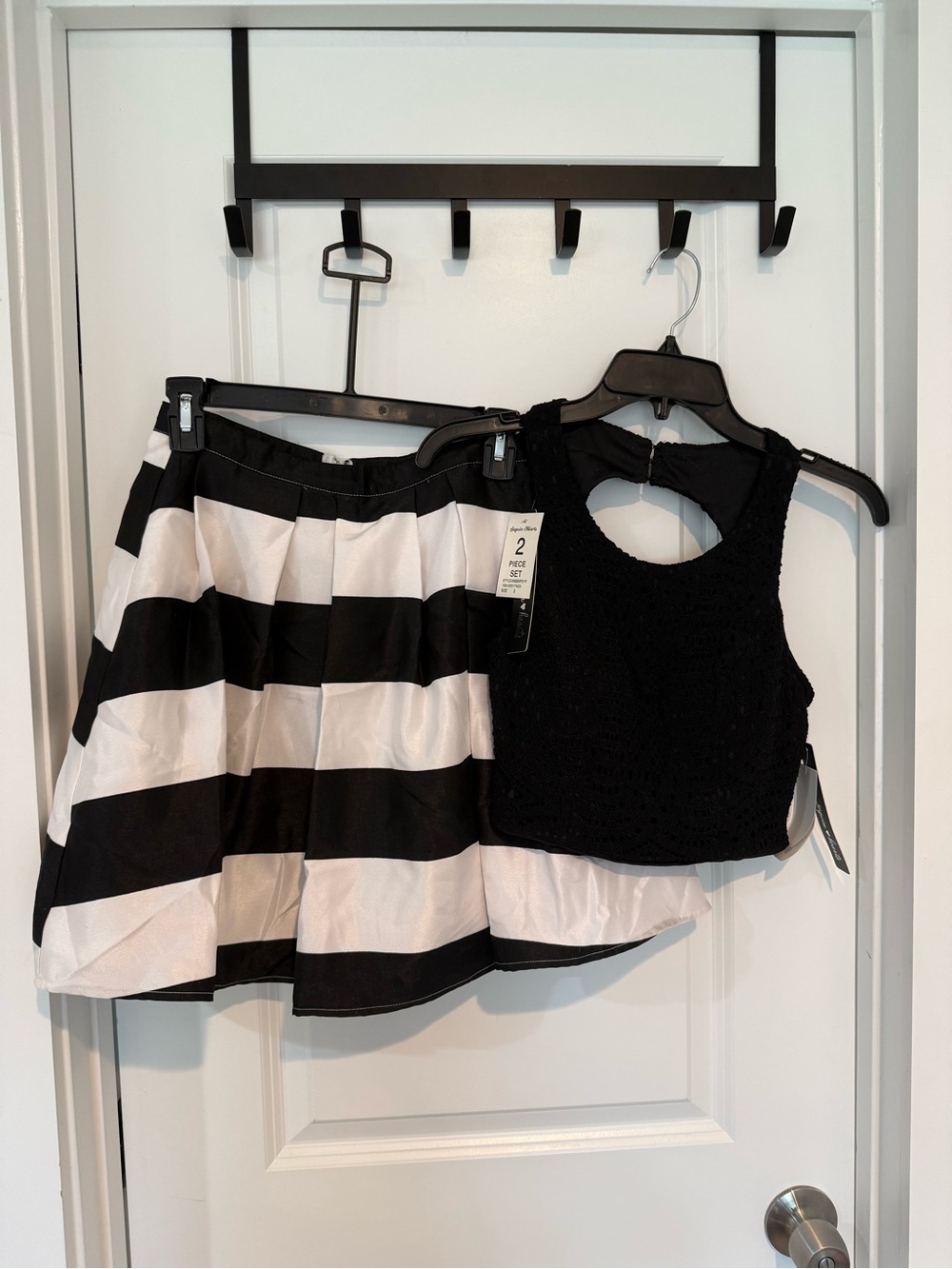 NWT Sequin Hearts Black and White Striped Skirt Set with Black Crochet Tank